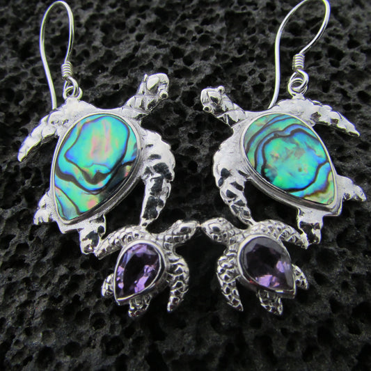 Sea Turtle Couple Earrings | Abalone Paua Shell | Amethyst | Beach | Gift | Jewelry | Handmade | Unique