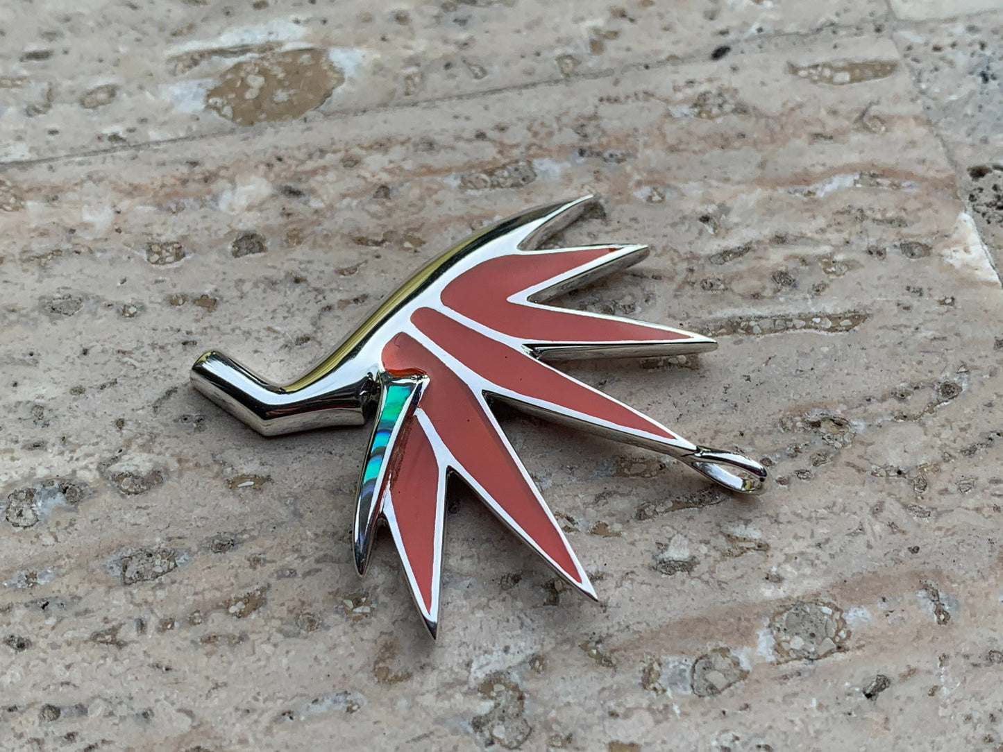 Bird of Paradise Flower Necklace Pendant. Red Coral, Sterling Silver, Abalone Shell.