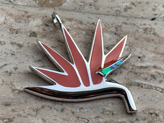 Bird of Paradise Flower Necklace Pendant. Red Coral, Sterling Silver, Abalone Shell.