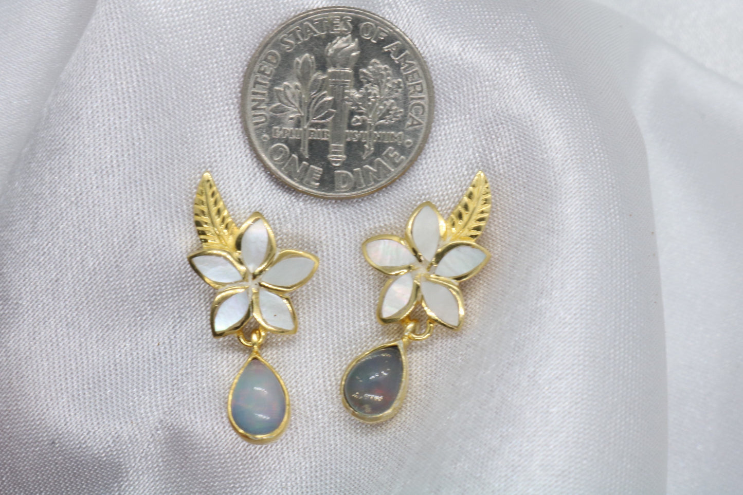 Opal Plumeria Flower 18K Gold Mother of Pearl Stud Earrings