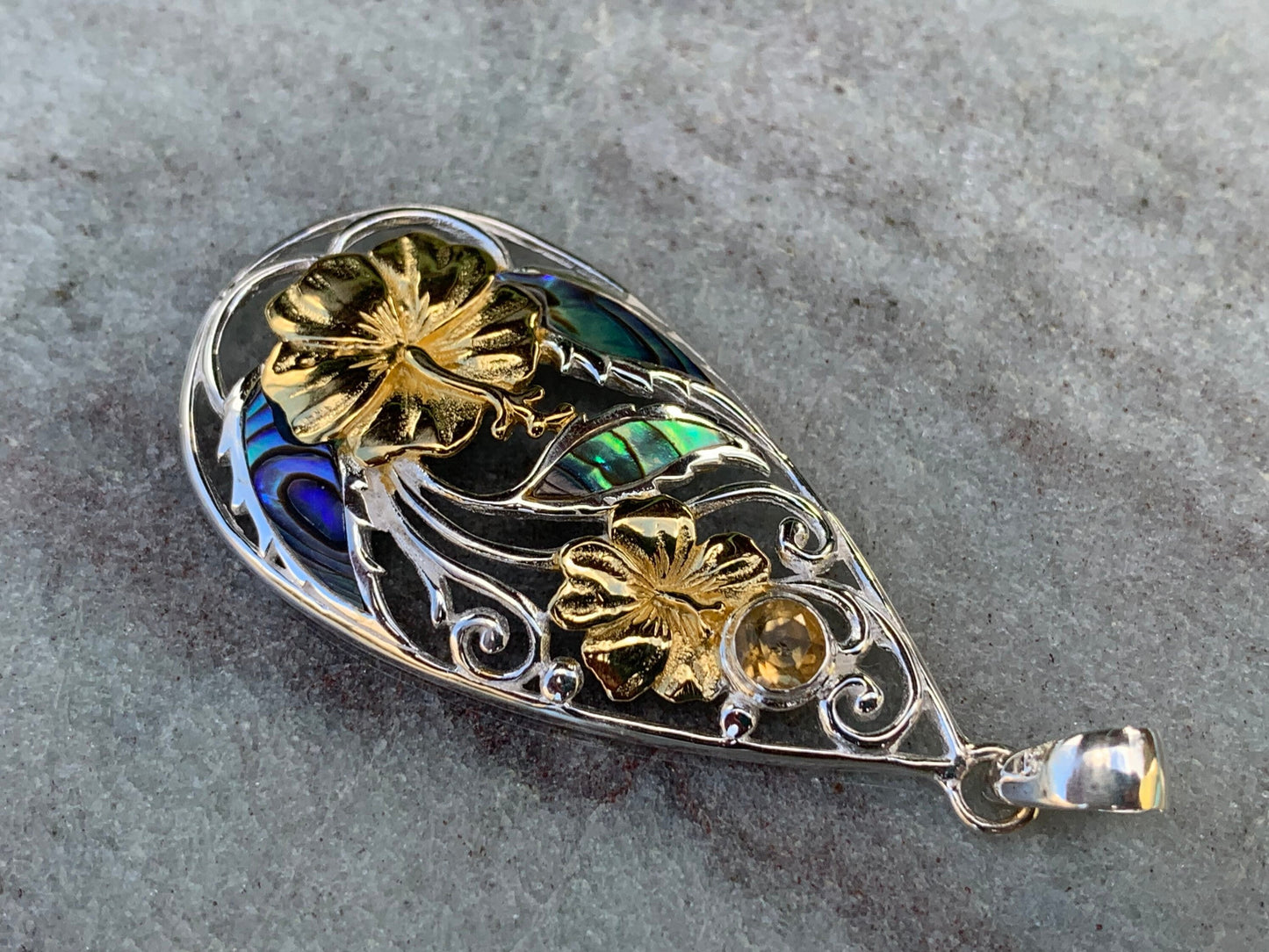 Hibiscus Flower Necklace Pendant. State Flower of Hawaii. Silver, Gold, Abalone Shell, Citrine.