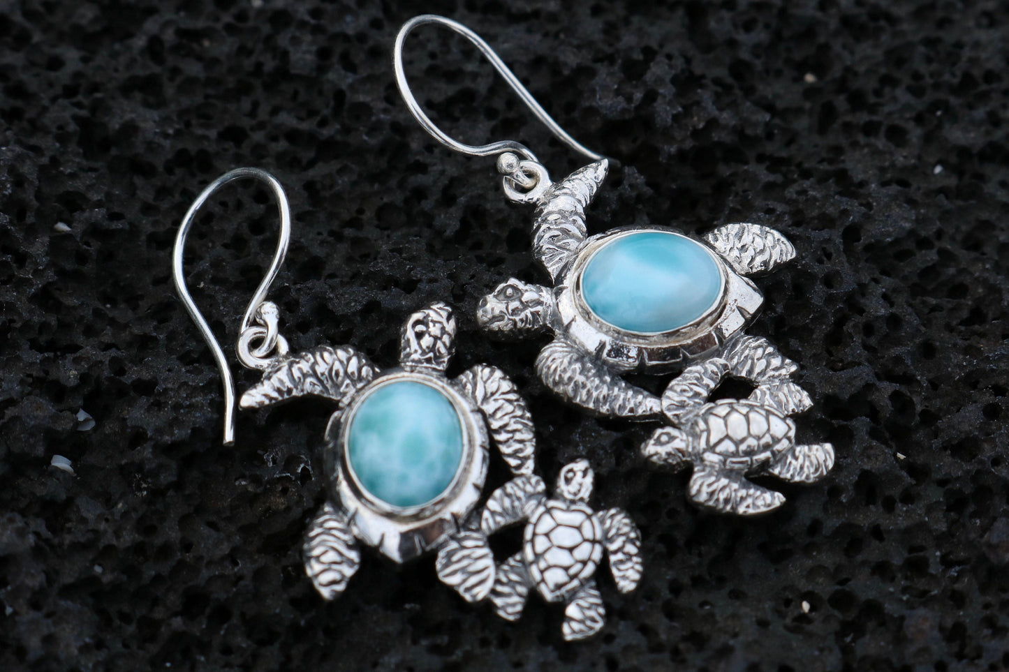 Larimar Turtles Dangle Drop Earrings. Sterling Silver.