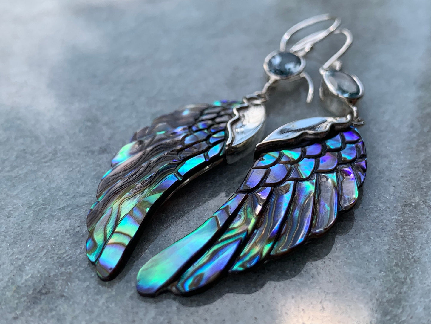 Angel Wings Earrings | Paua Abalone Shell | Sterling Silver | Blue Topaz | Gift | Jewelry | Handmade | Unique