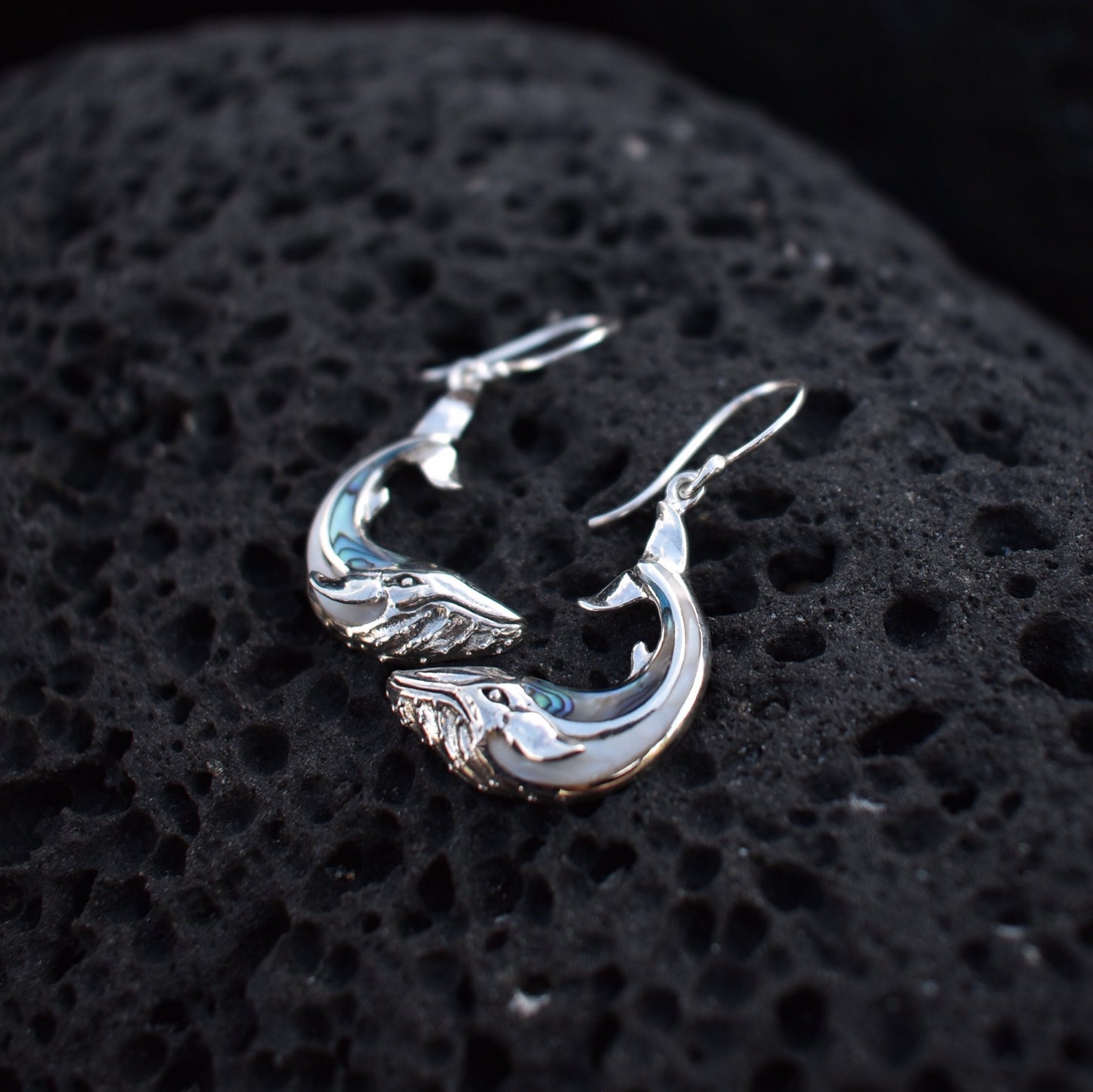 Whale earrings. Sterling Silver. Abalone Shell. Mother of Pearl.