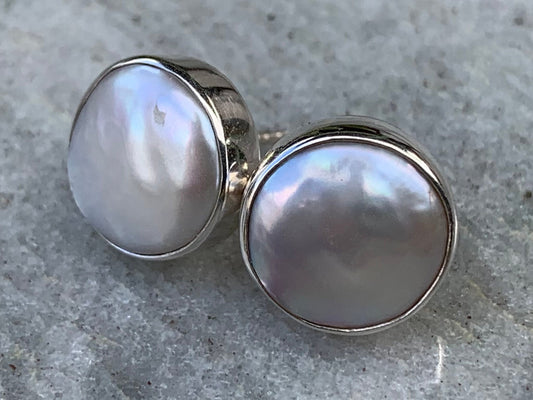Coin Pearl Earrings Stud. Sterling Silver.