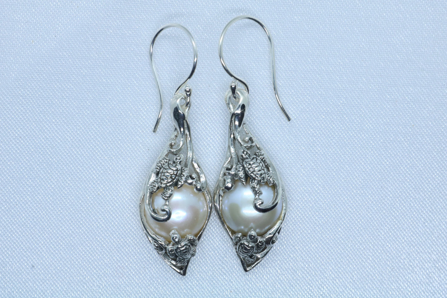 Turtles Hawaiian Honu Mabe White Pearl Silver Earrings