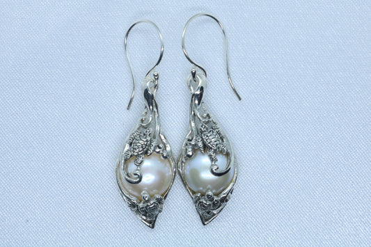 Turtles Hawaiian Honu Mabe White Pearl Silver Earrings