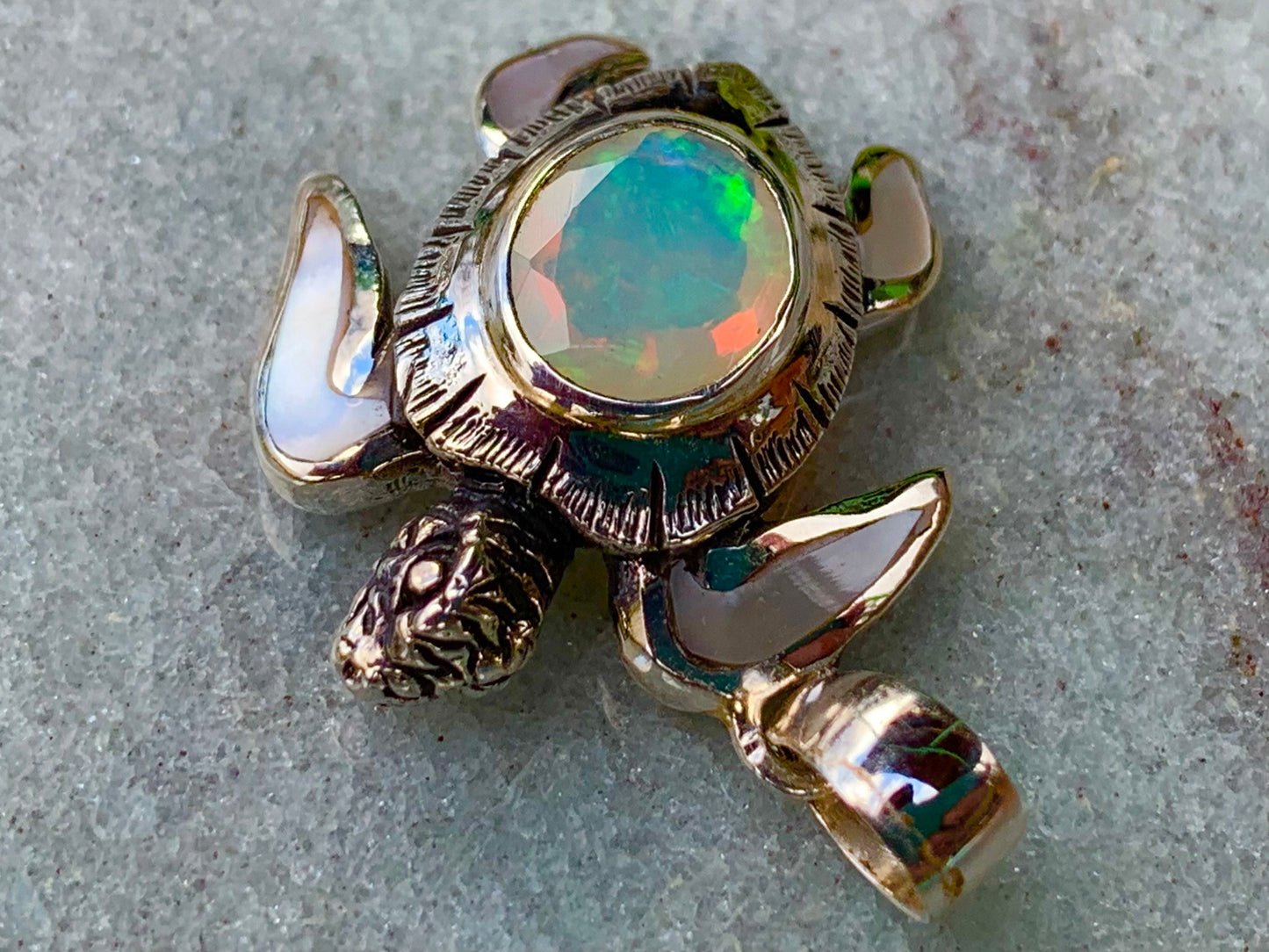 Opal Turtle Pendant Necklace. Mother of Pearl, Silver.