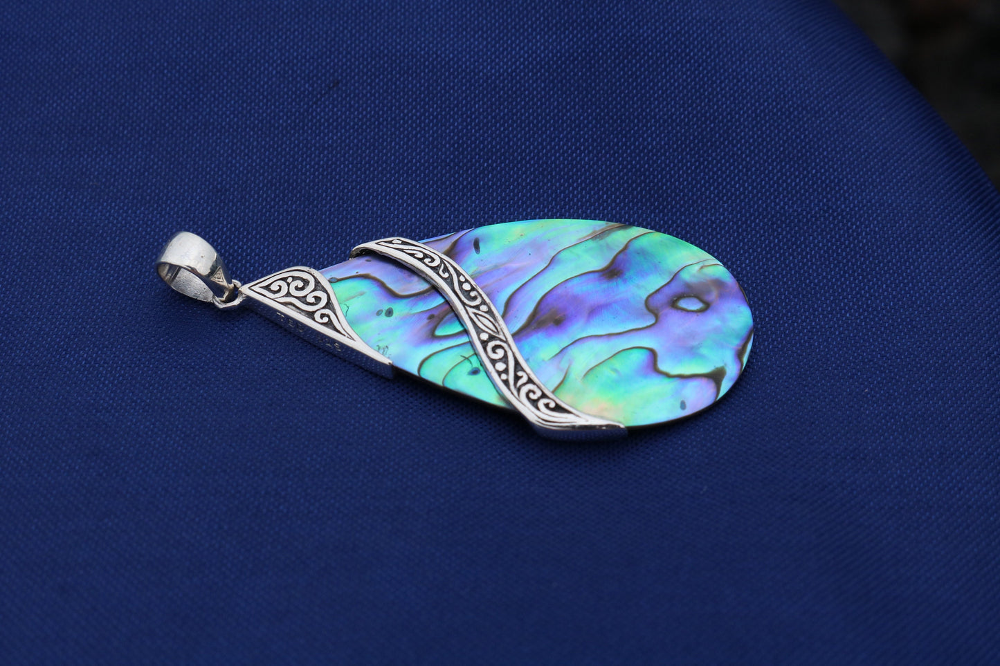 Abalone Paua Shell Teardrop Pendant Necklace Double Tribal Design. Sterling Silver.