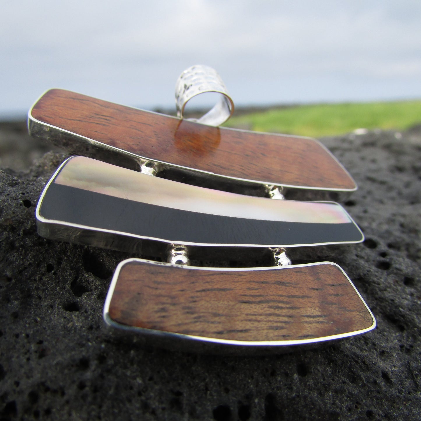 Hawaiian Koa Wood Necklace | Black Ouster Shell | Sterling Silver | Gift | Jewelry | Handmade | Unique