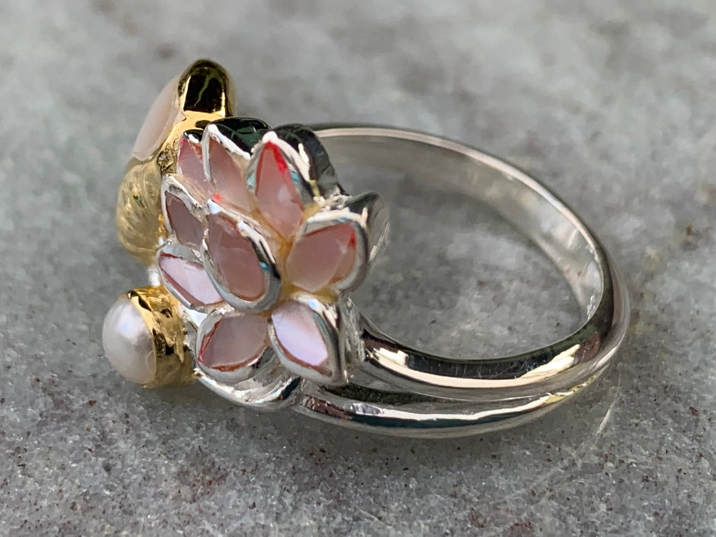 Pink Lotus Flower Ring. Sterling Silver, Pearl, Gold, Mother of Pearl.