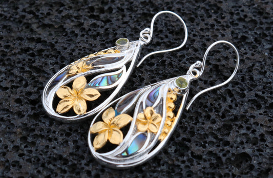 18K Gold Vermeil Plumeria Flowers Teardrop Earrings. Abalone Shell, Sterling Silver, Peridot.