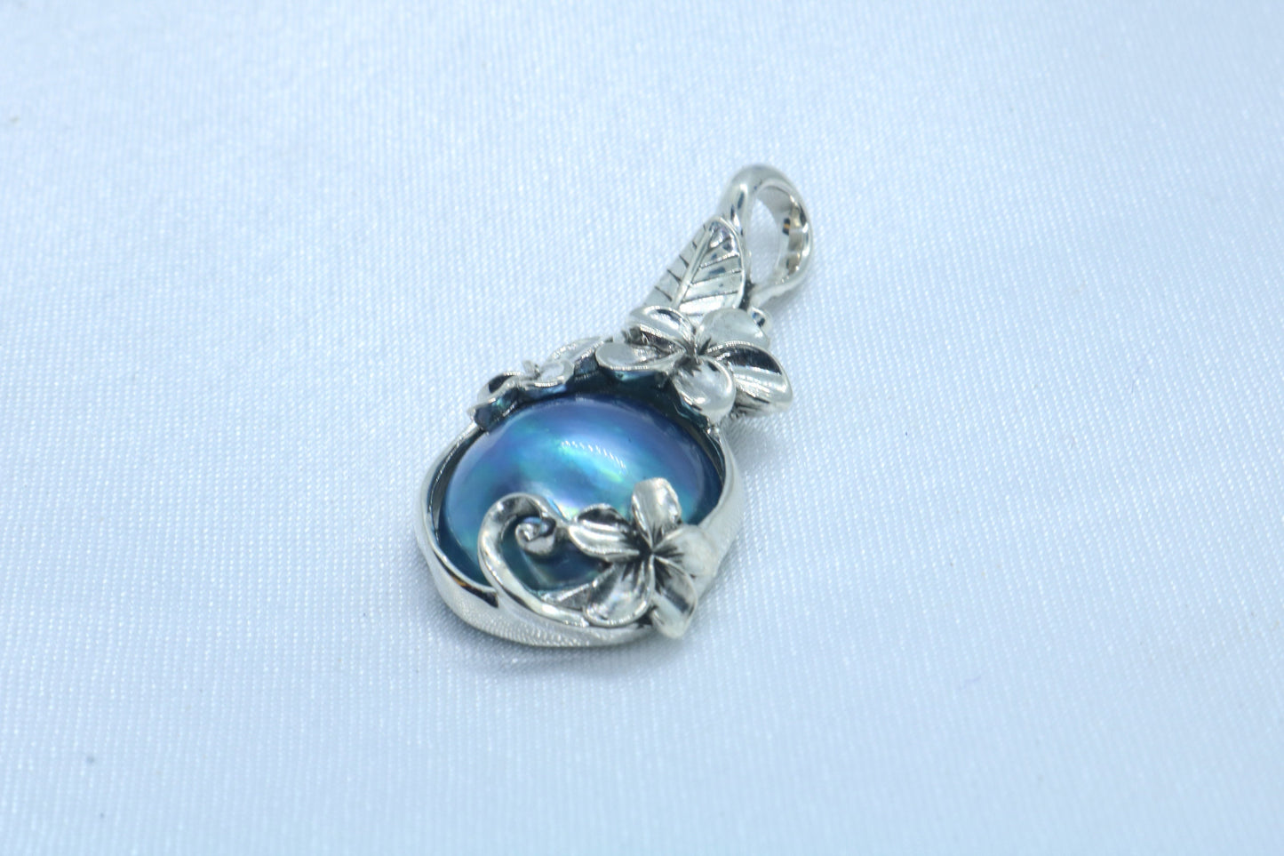 Plumeria Flower Blue Mabe Pearl Silver Pendant Necklace