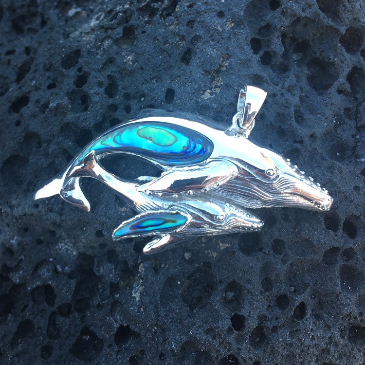 Mother and Baby Whale Necklace Pendant. Sterling Silver, Abalone Paua Shell.
