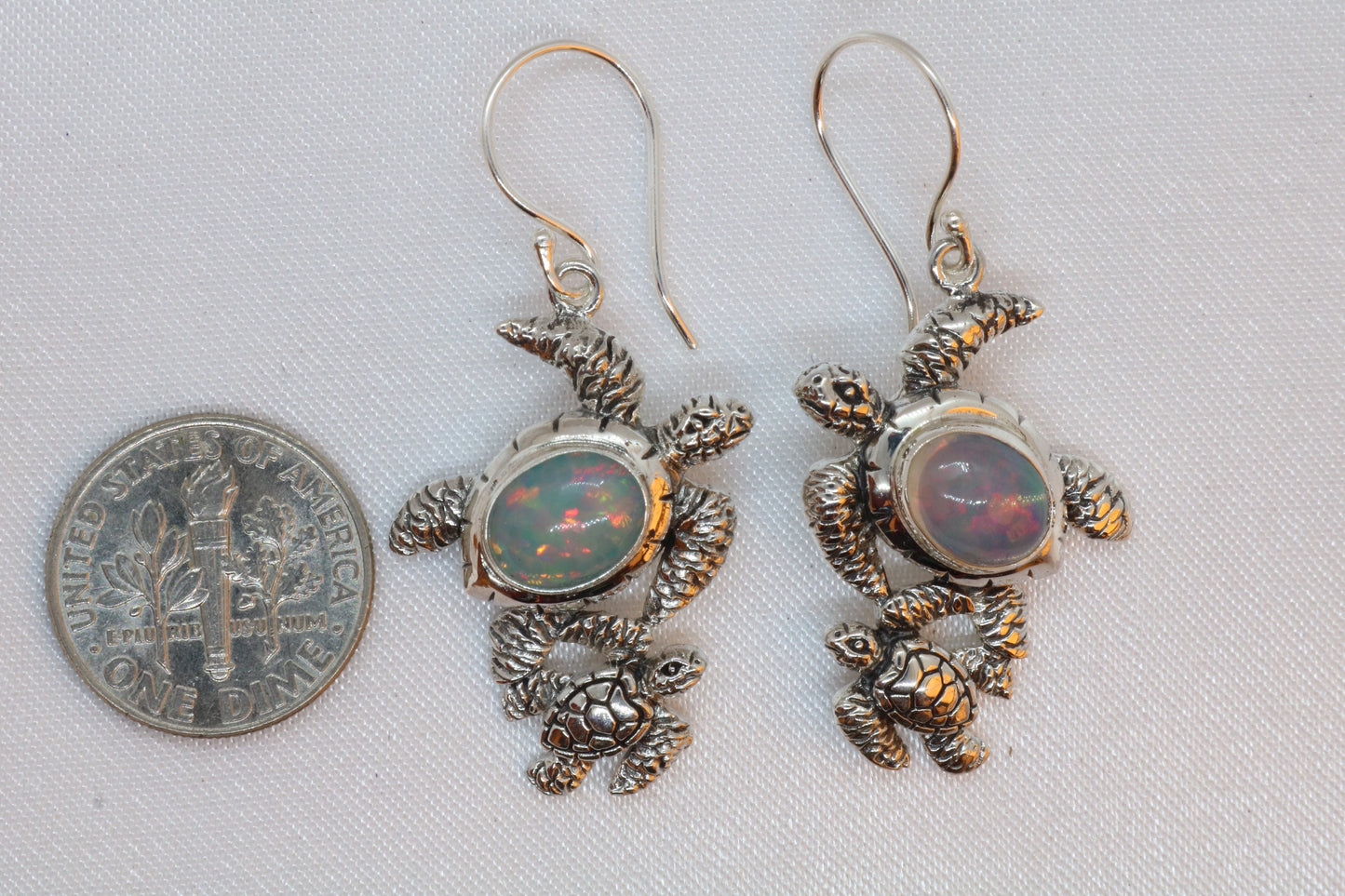 Opal Turtle Hawaiian Honu Mom and Baby Silver Earrings