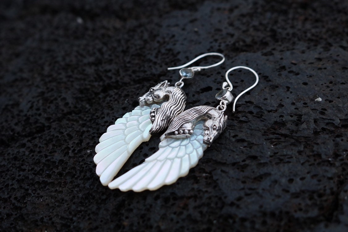 Pegasus Horse Wings Cowgirl Jewelry Earrings. Sterling Silver, Blue Topaz, Mother of Pearl.