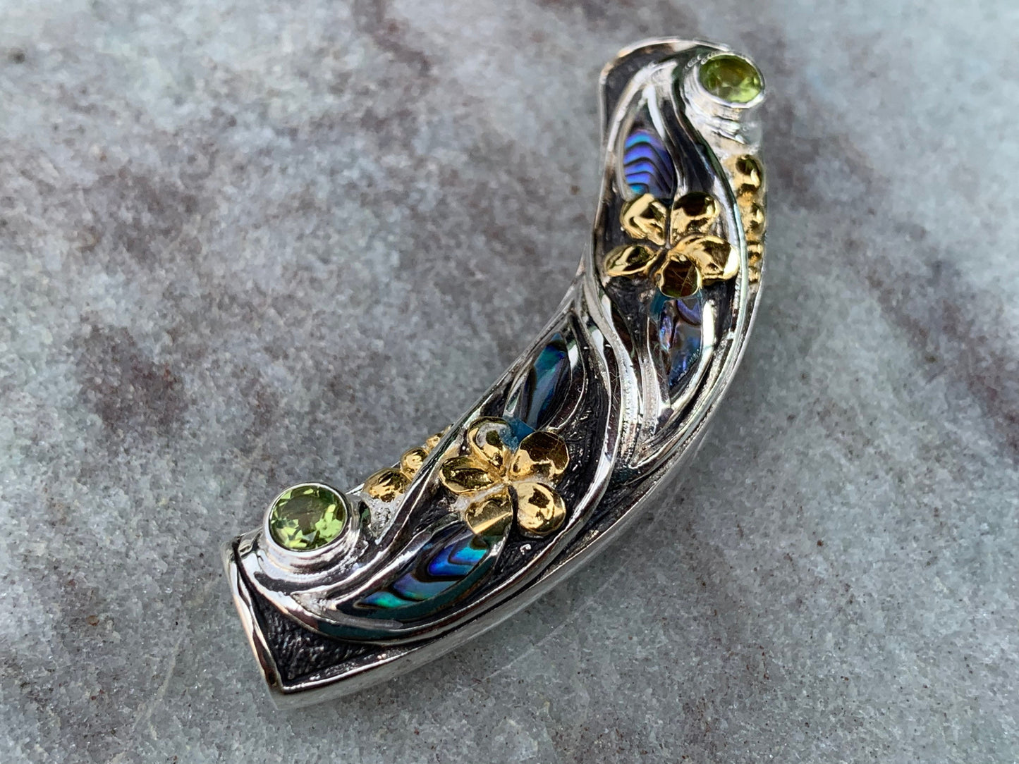 Plumeria Slider Necklace Pendant. 2 Peridot Gemstones, Abalone Shell, Sterling Silver, 18K Gold.