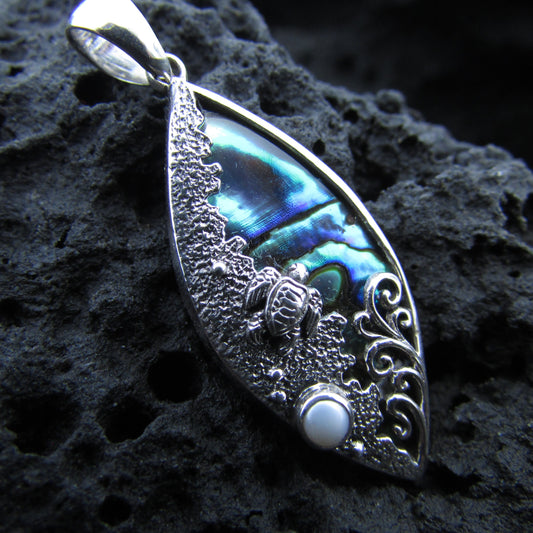 Sea Turtle Wave Necklace Pendant Small | Abalone Paua Shell | Sterling Silver | Pearl | Ocean | Beach | Gift | Jewelry | Handmade | Unique