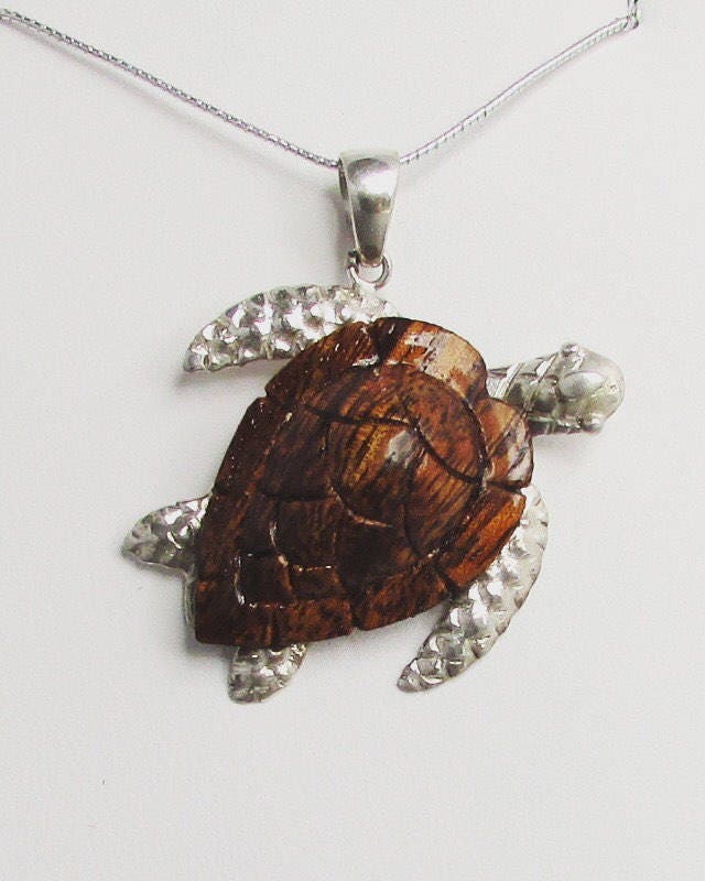 Sea Turtle Necklace Pendant Medium | Sterling Silver | Hawaiian Koa Wood | Ocean | Beach | Gift | Jewelry | Handmade | Unique