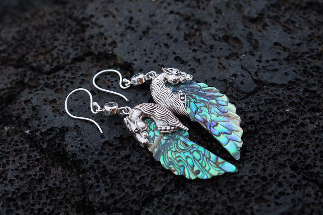 Pegasus Horse Wings Cowgirl Jewelry Earrings. Sterling Silver, Blue Topaz, Abalone Paua Shell.
