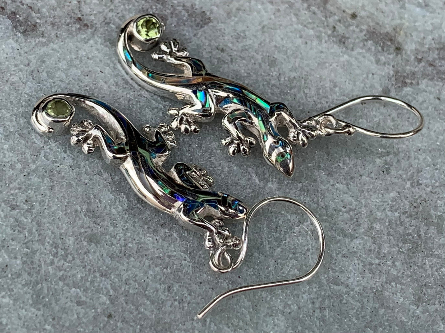 Gecko Lizard Salamander Earrings Silver Peridot