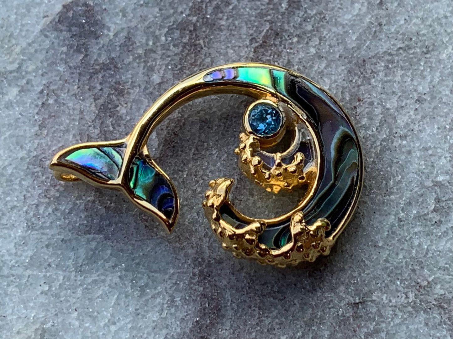 Whale Tail and Wave Swiss Blue Topaz 18k Gold Vermeil Necklace Pendant