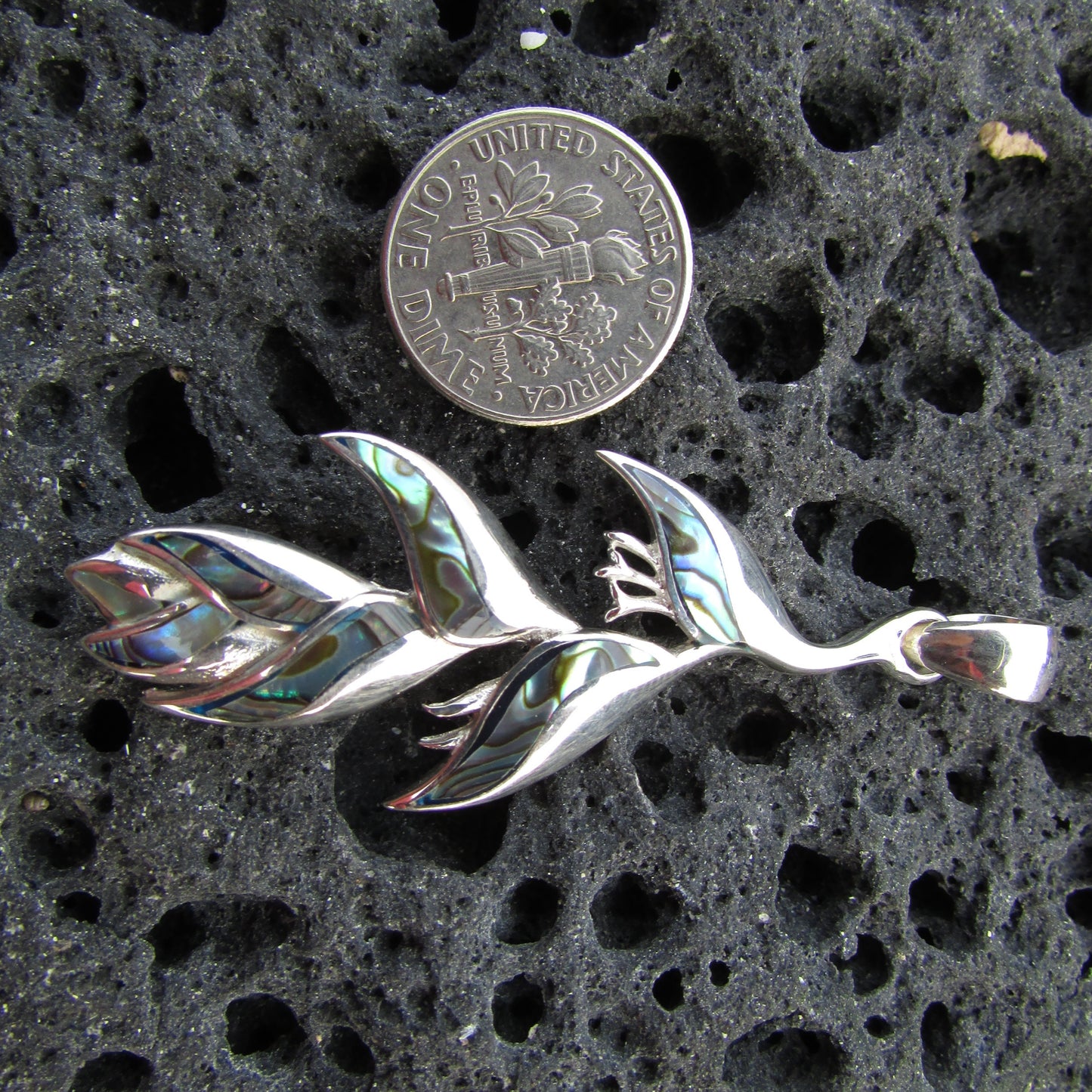 Heliconia Flower Necklace Pendant | Paua Abalone Shell | Sterling Silver | Ocean | Beach | Gift | Jewelry | Handmade | Unique