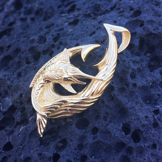 18K Gold Vermeil Makau Fishing Hook Marlin Necklace Pendant.