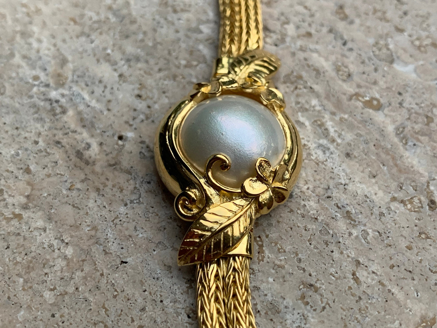 18K Gold Vermeil Plumeria Flower Bracelet. White Mabe Pearl.