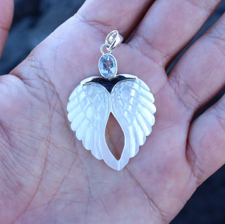 Angel Wings Heart Mother of Pearl Shell Necklace Pendant with Blue Topaz. Sterling Silver.