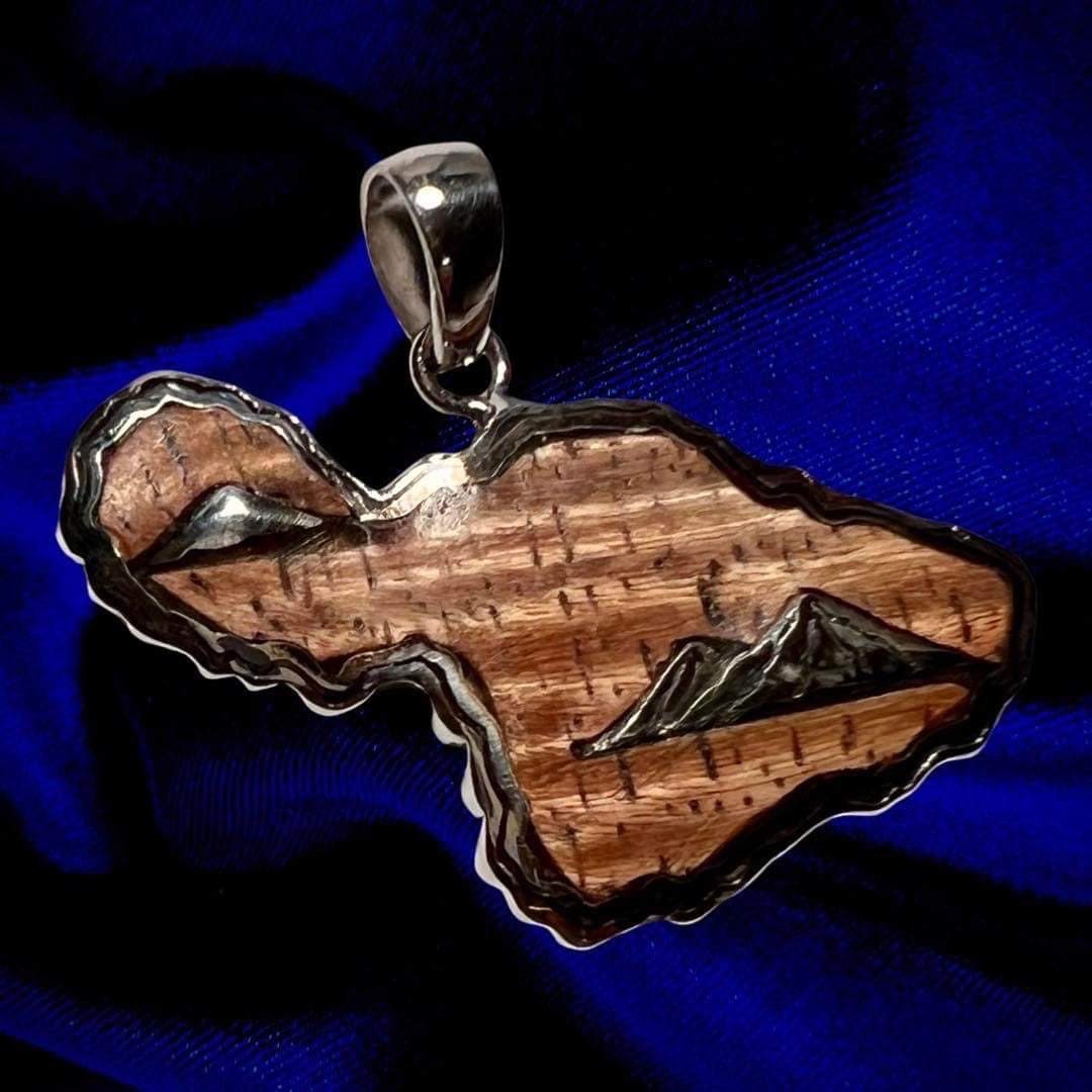 Maui Island Hawaiian Pendant Necklace. Hawaiian Koa Wood. Sterling Silver.