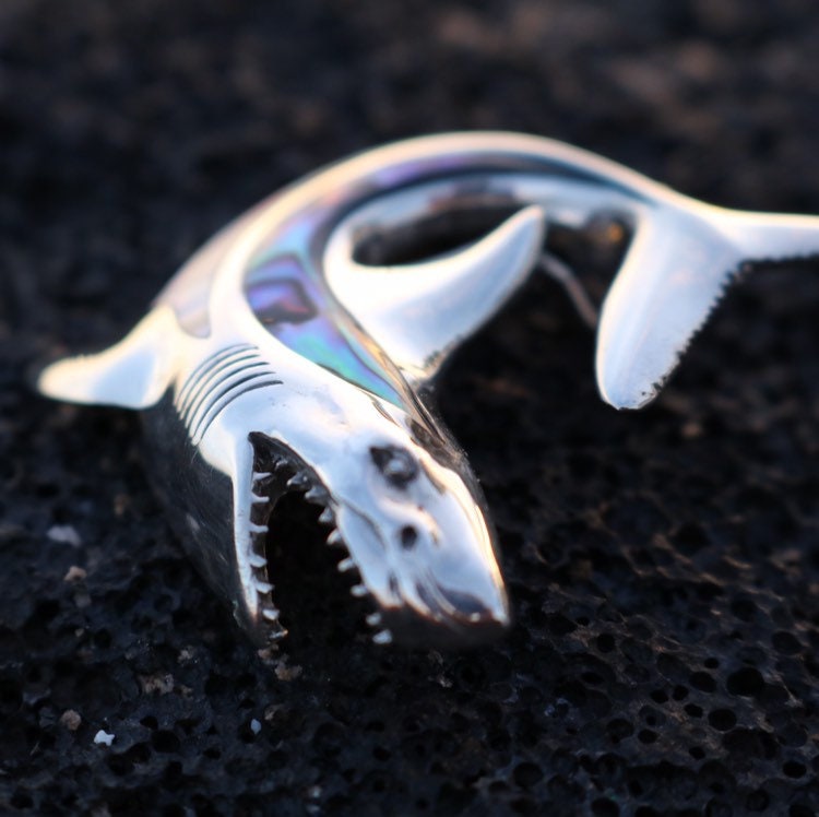 Shark Necklace Pendant. Sterling Silver, Mother of Pearl, Abalone Paua Shell.