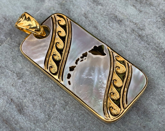 Hawaiian Islands Tribal Design Reversible Pendant Necklace. Sterling Silver, Mother of Pearl.