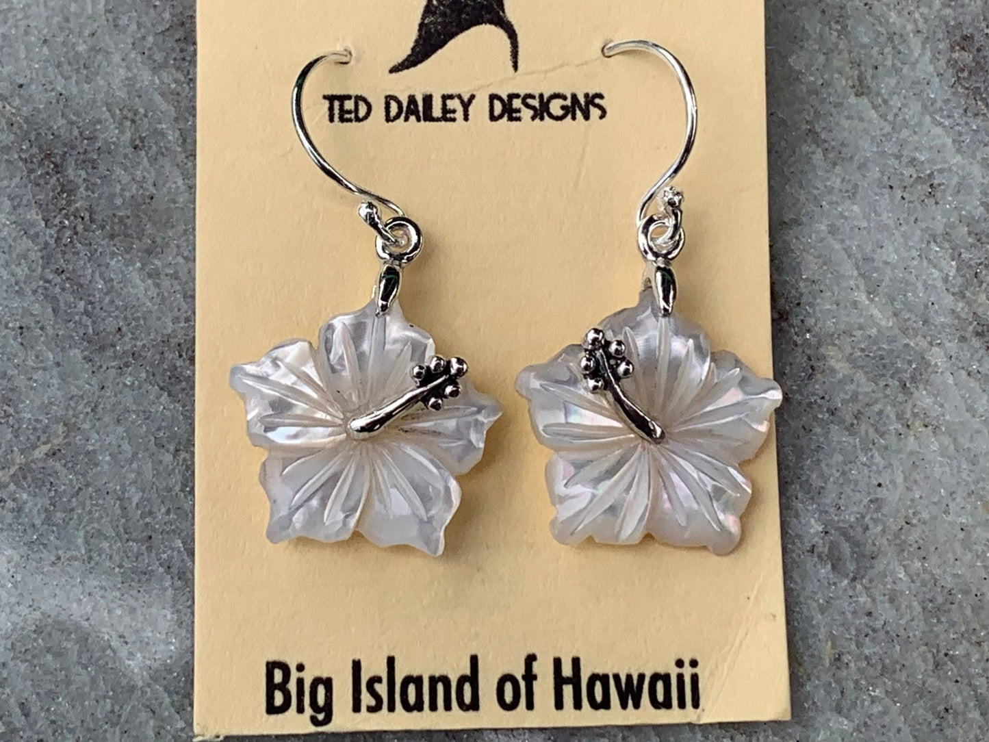 Hibiscus Flower Necklace Earrings. Hawaiian State Flower. Sterling Silver, Mother of Pearl
