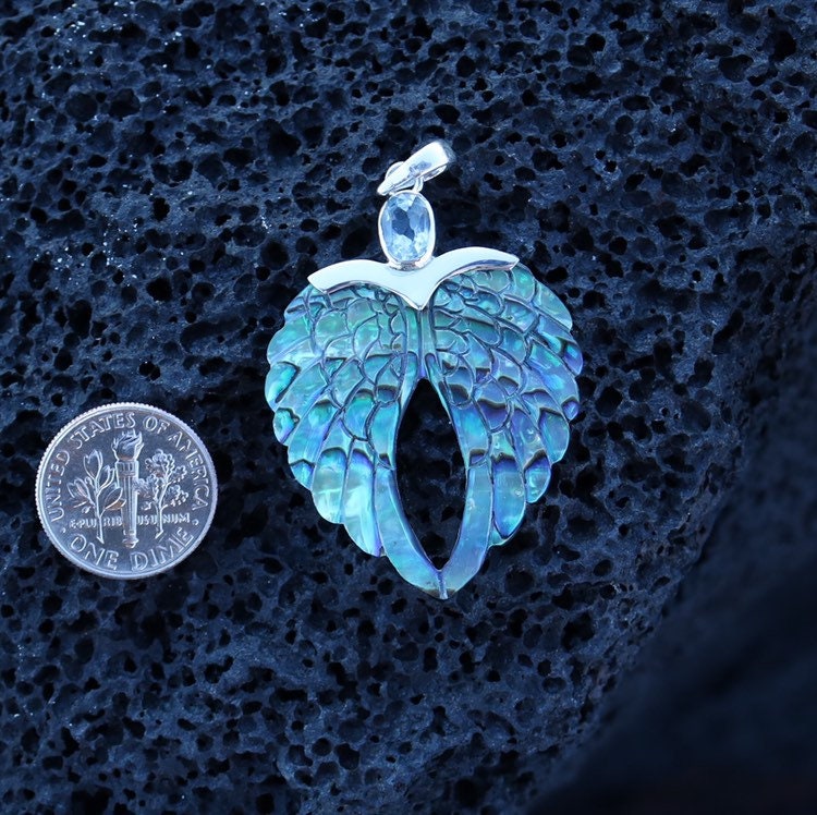 Angel Wings Heart Mother of Pearl Shell Necklace Pendant with Blue Topaz. Sterling Silver.