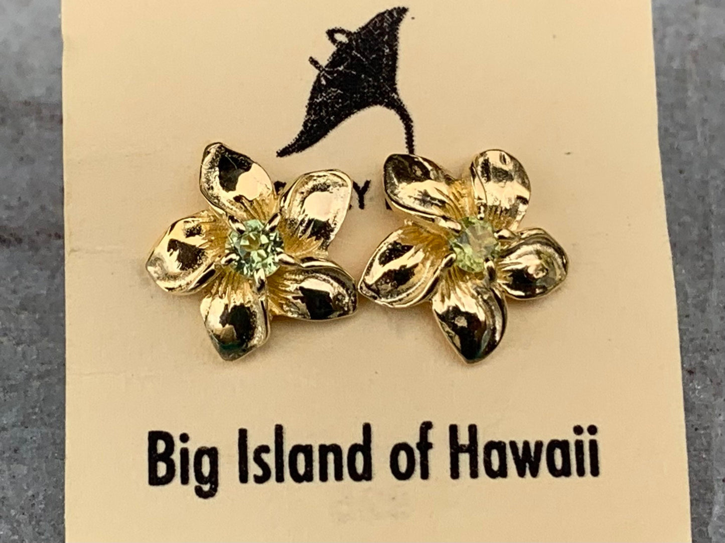 Plumeria Flower Gold Vermeil Earrings Studs. Peridot.