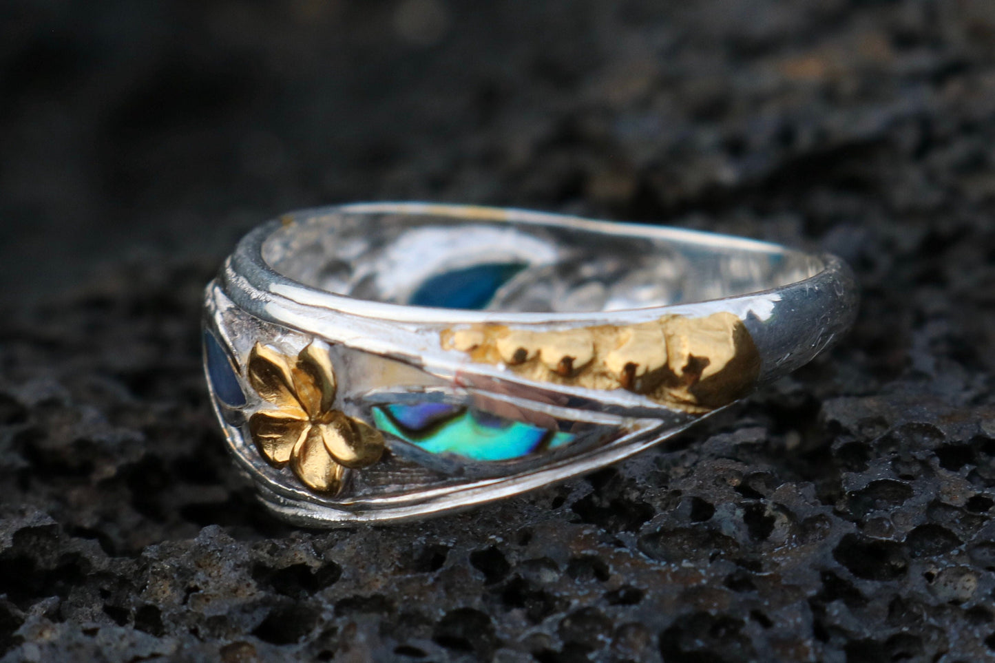 18K Gold Vermeil Plumeria Ring. Sterling Silver, Abalone Shell.