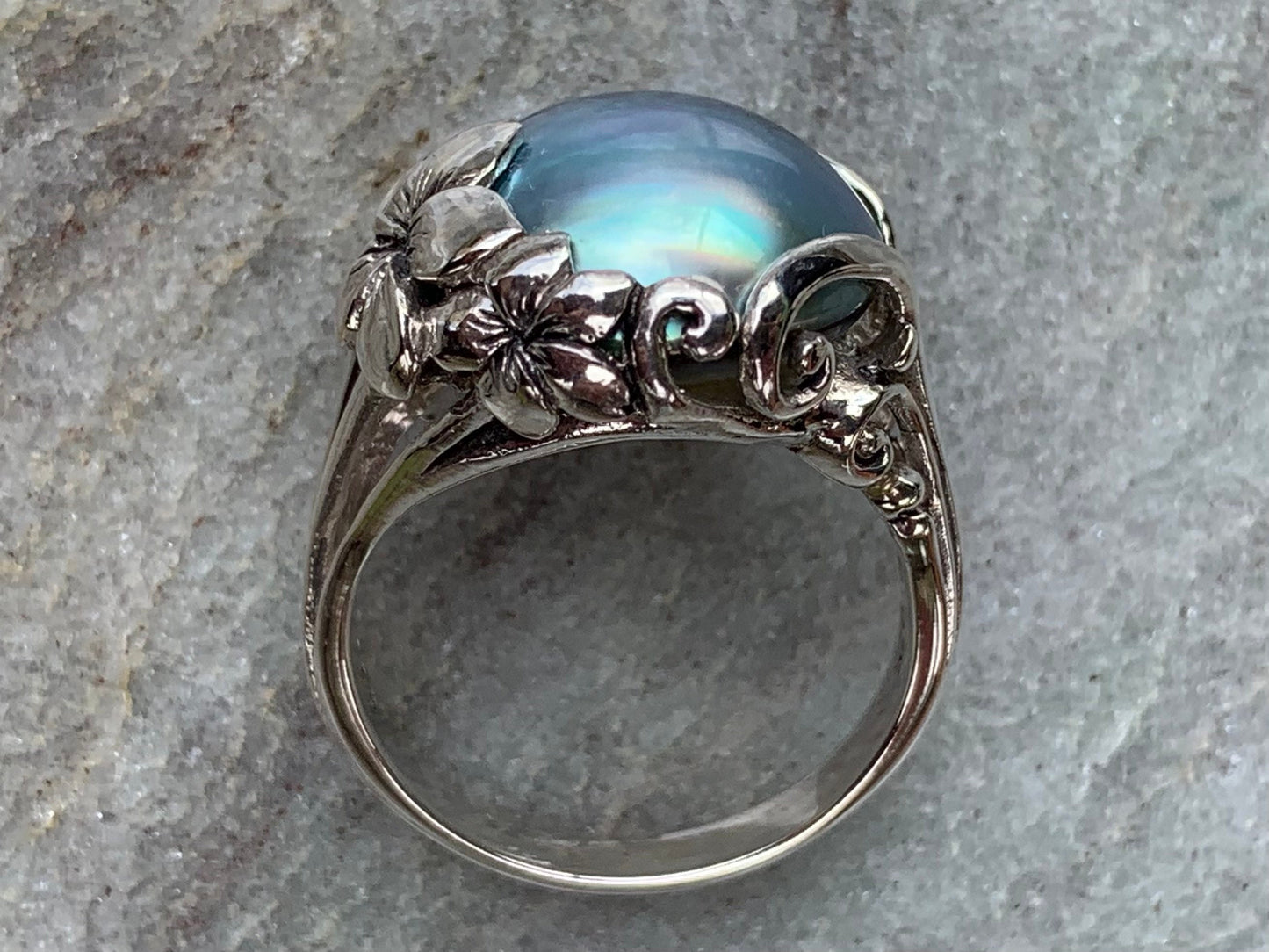 Blue Mabe Pearl Plumeria Flower Silver Ring