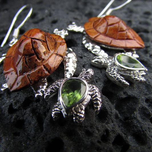 Sea Turtle Earrings | Peridot | Hawaiian Koa Wood | Sterling Silver | Ocean | Beach | Gift | Jewelry | Handmade | Unique