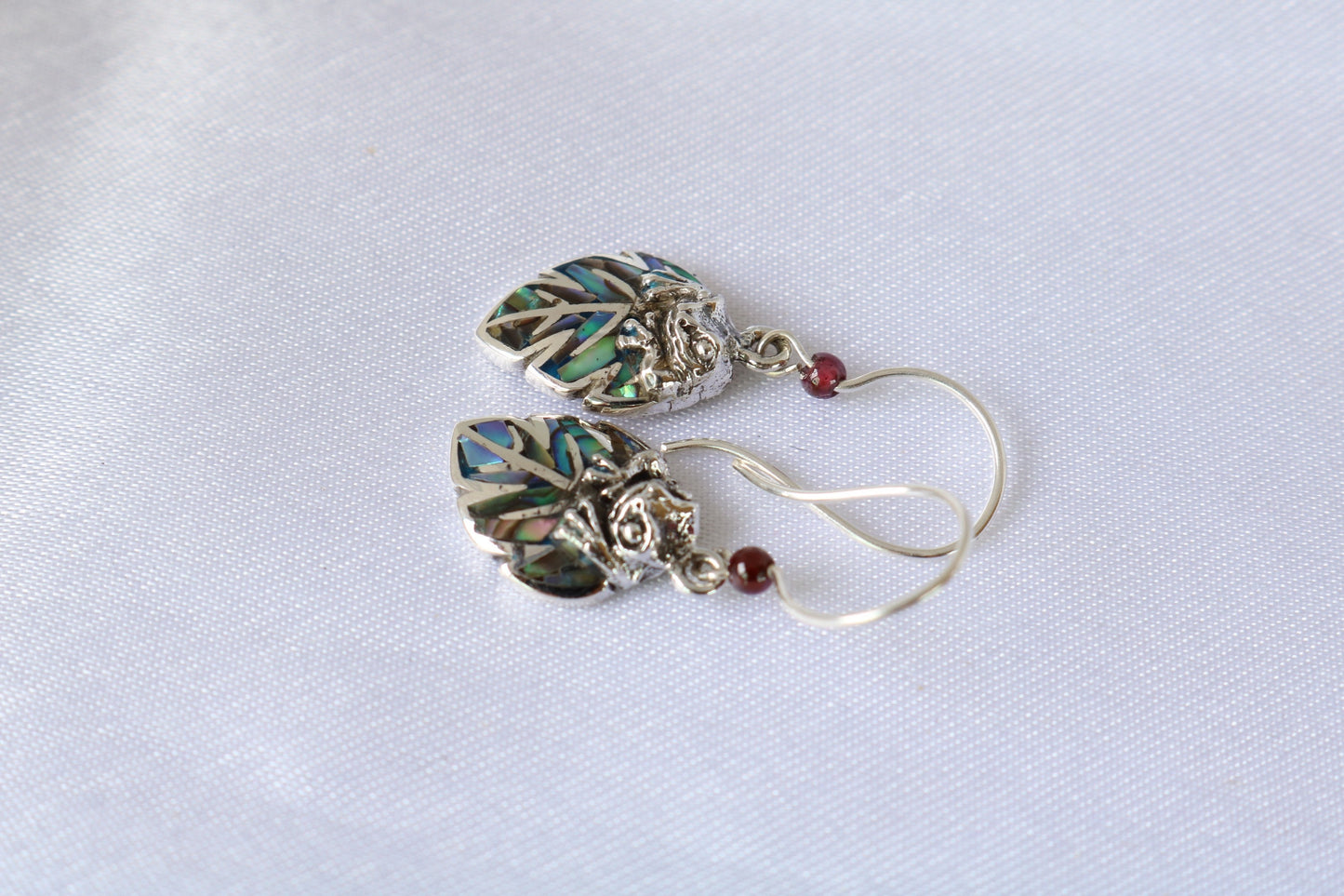 Frog on a leaf pendant earrings. Silver, abalone shell, garnets.
