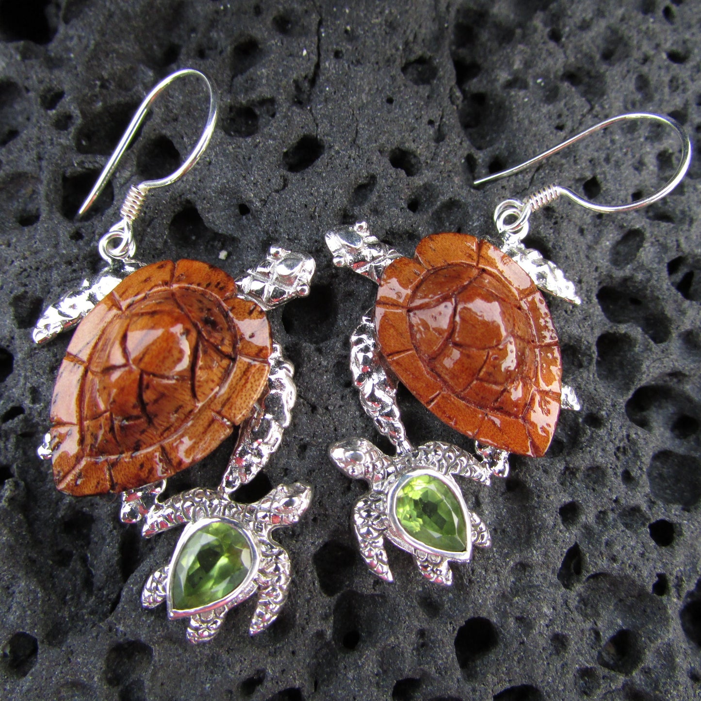 Sea Turtle Earrings | Peridot | Hawaiian Koa Wood | Sterling Silver | Ocean | Beach | Gift | Jewelry | Handmade | Unique