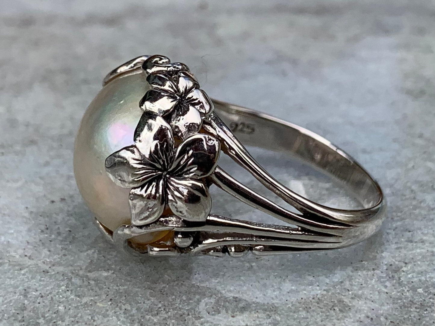 White Mabe Pearl Plumeria Flower Silver Ring