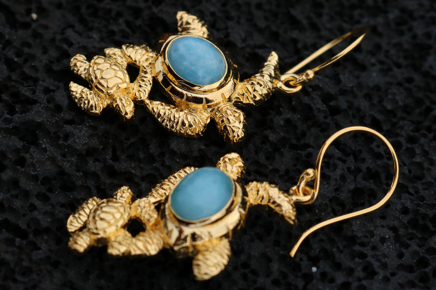 Larimar Turtles 18K Gold Vermeil Dangle Drop Earrings. Sterling Silver.