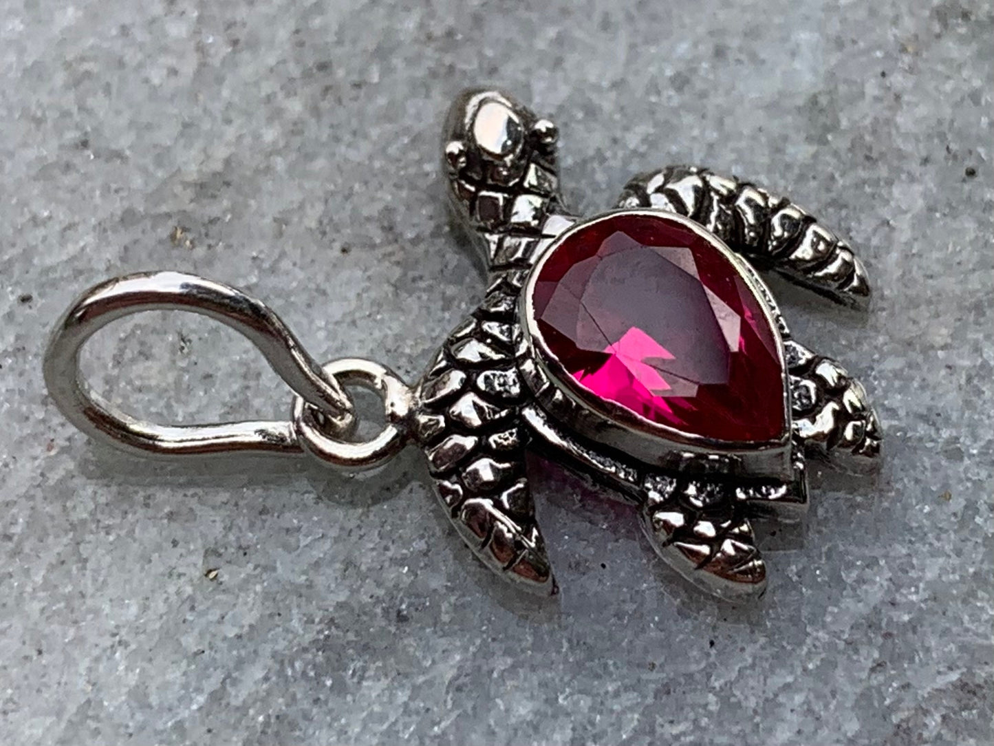 Ruby turtle charm pendant necklace. Sterling silver.