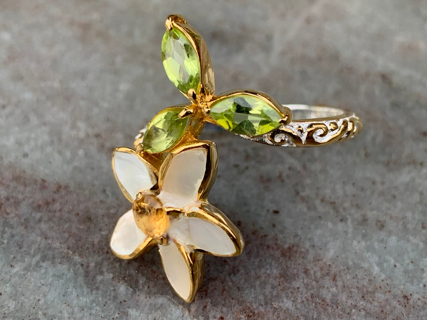 Plumeria Flower Ring. Gold, Silver, Citrine, Peridot, Mother of Pearl.