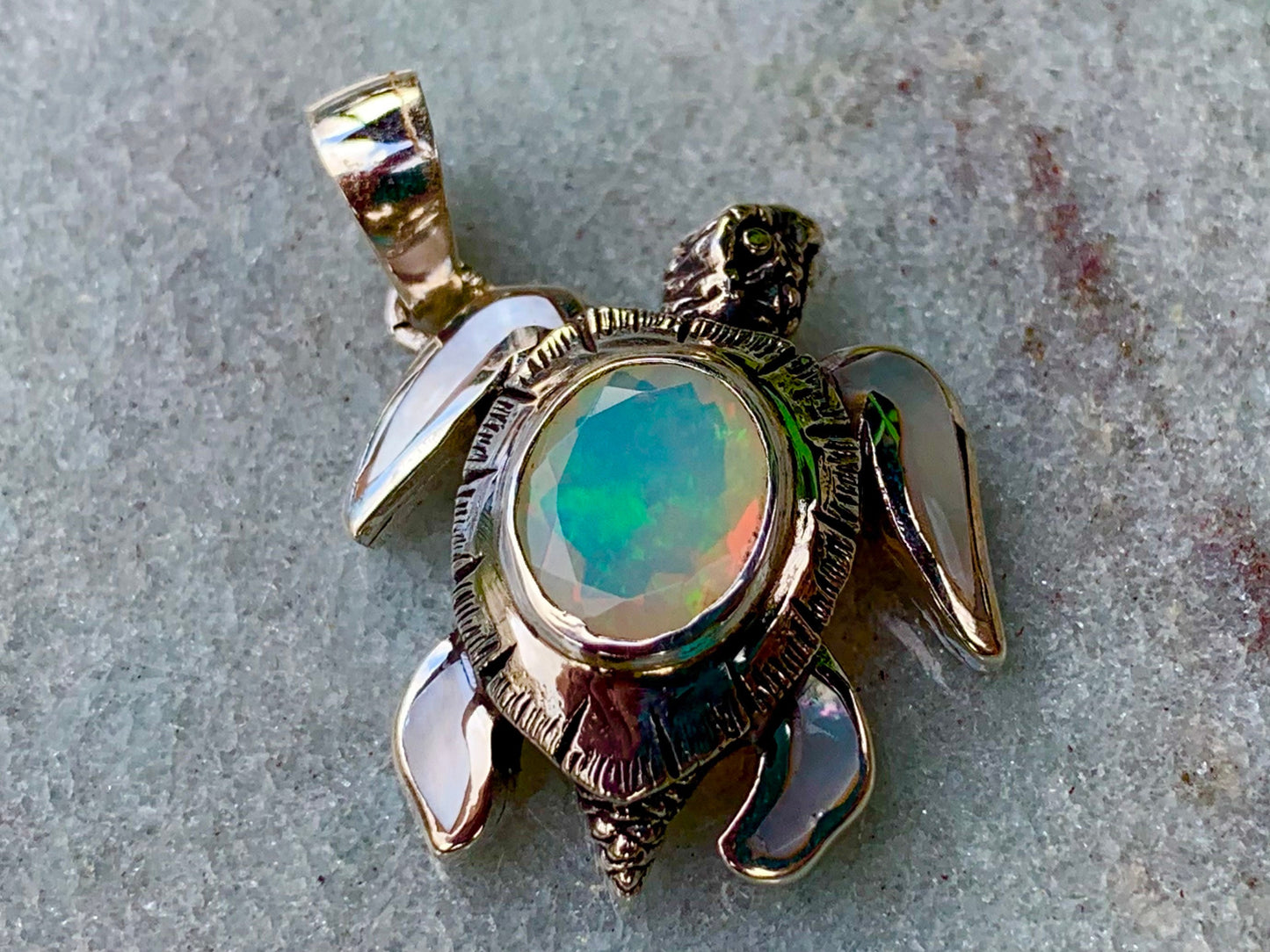 Opal Turtle Pendant Necklace. Mother of Pearl, Silver.