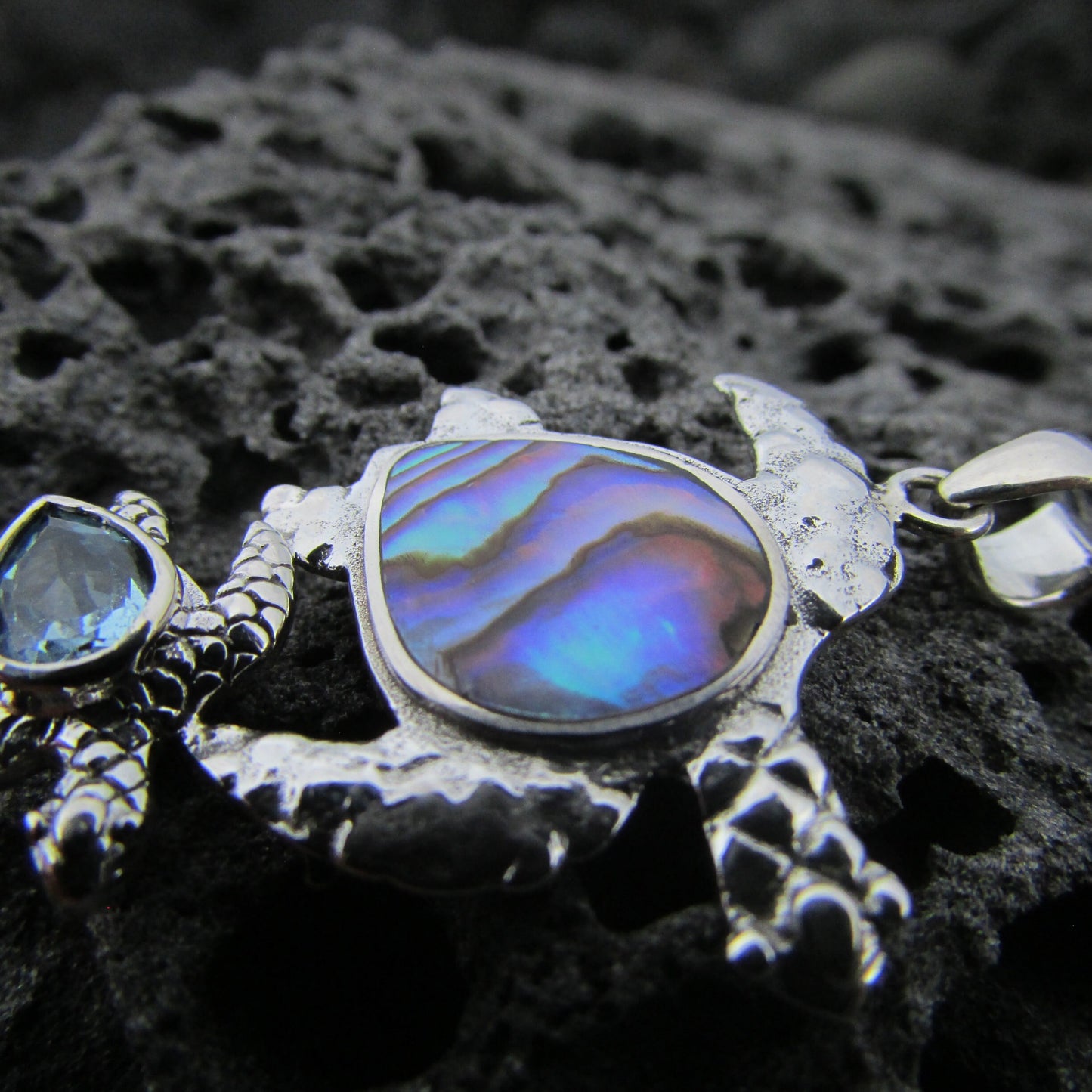 Sea Turtle Couple Necklace Pendant | Abalone Paua Shell | Blue Topaz | Sterling Silver | Ocean | Beach | Gift | Jewelry | Handmade | Unique