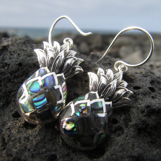 Pineapple Fruit Earrings | Paua Abalone Shell | Sterling Silver | Gift | Jewelry | Handmade | Unique
