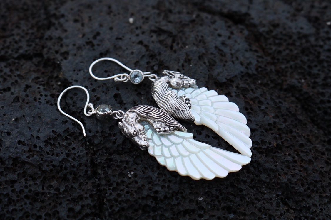 Pegasus Horse Wings Cowgirl Jewelry Earrings. Sterling Silver, Blue Topaz, Mother of Pearl.