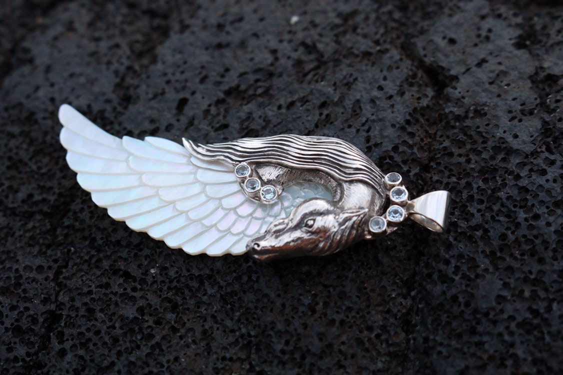 Pegasus Horse Wings Cowgirl Jewelry Necklace Pendant. Sterling Silver, Blue Topaz, Mother of Pearl.